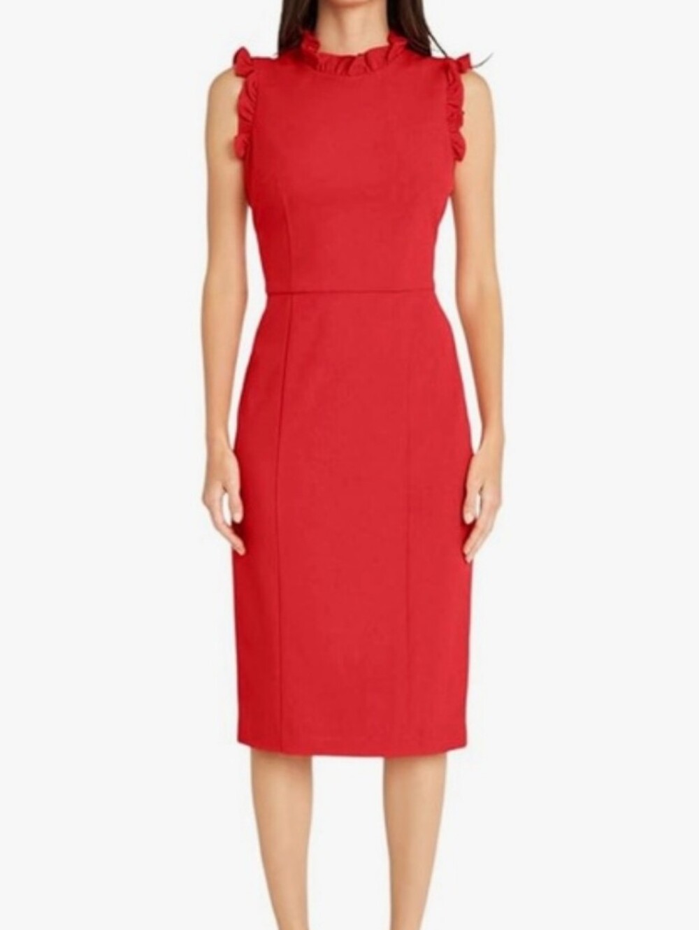 Maggy London - Women Sleeveless Red Ruffle-Neck Sheath Dress
